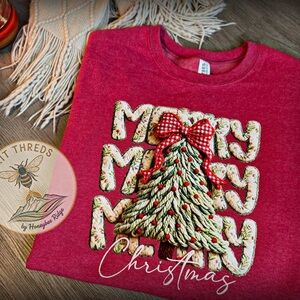 Festive Red Christmas Tree Crewneck Sweatshirt *Faux yarn DTF print*